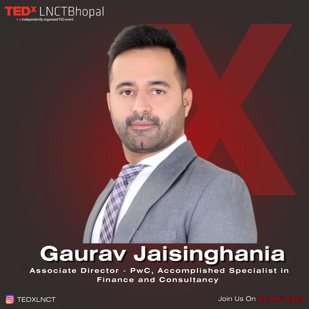 TEDx_LNCTBhopal's tweet photo. Introducing our next speaker
Mr. Gaurav Jaisinghania, an Associate Director at @PwC with experience in field of business transformation, management & Int'l business.His dedication & expertise in his field have earned him a reputation as a trusted advisor.#tedxlnct #TED23 #lnct https://t.co/yBz6kOjVON