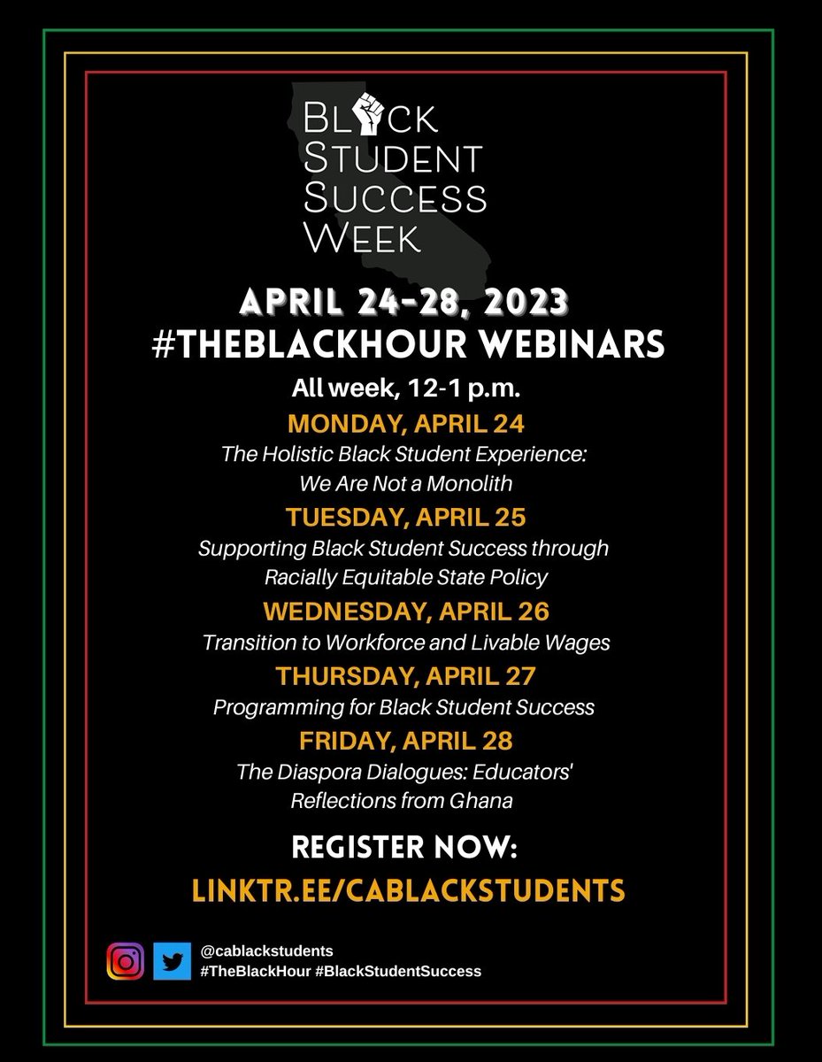 Join @CalcommColleges for #BlackStudentSuccessWeek, 4/24-4/28, and celebrate the excellence of Black students in higher education! Let's create a more inclusive and equitable learning environment together. For more information: linktr.ee/cablackstudents