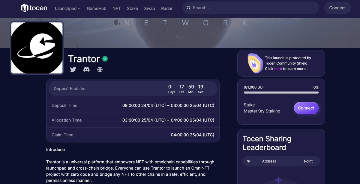 🔥Our testnet Pre-seed IDO is now live on <a href="/tocen__/">Toce</a> 

🚀Join it now: tocen.co/project/trantor