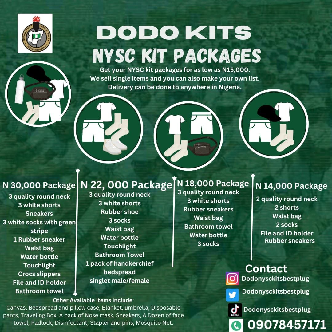 Dodonysckits's tweet photo. Congratulations to Batch A,stream II.   How do I order for my NYSC kits; 
1. Send a direct message telling us the kits you want. 
2. Choose from either our package order or single items order i.e (you can make your own list)
#NYSC360 #NYSC RCCG Unavailable #PCM https://t.co/KGDOYg0Uhs