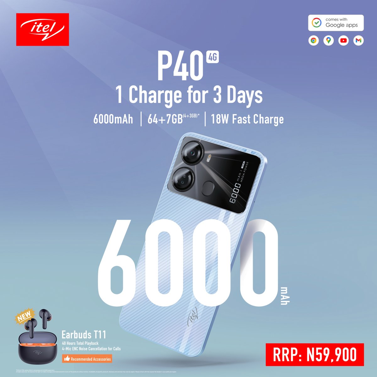 The power to do more is here! Get yours in all phone retail stores for N59,900.

#itelP40
 #1ChargeFor3Days