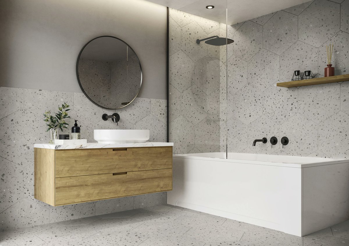 REALONDA1952's tweet photo. Hex L > Confeti Grey 56x48,5cm · Porcelain Tile > More info: https://t.co/qQ7w3BhlTU
#Realonda #madeinspain #tileofspain #porcelain #porcelaintile #ceramics #tiles #interiordesign #hexL #novelties #decor #homeideas #homedecor #decoracion #architecture #ihavethisthingwithtiles https://t.co/zPHbFrhuVD