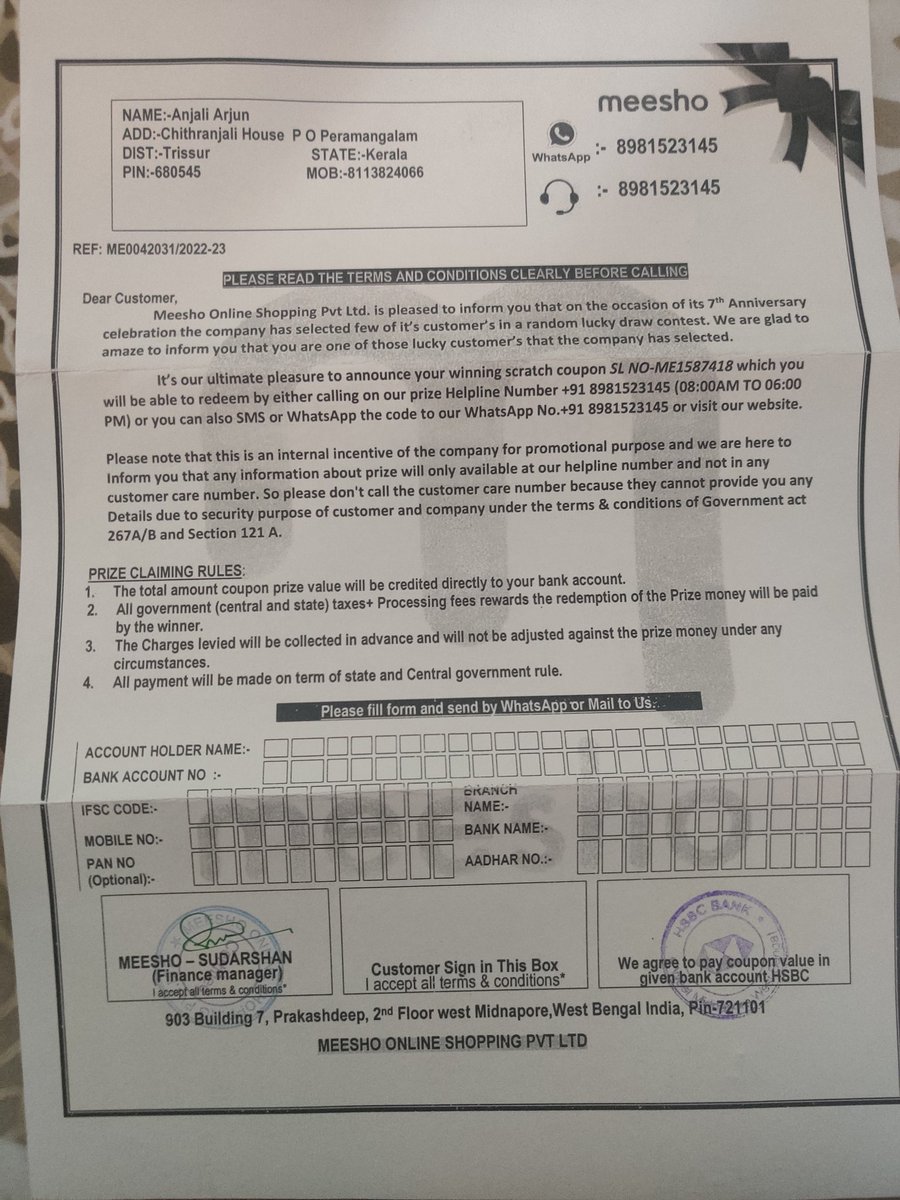 arjun_ps's tweet photo. @Meesho_Official we just got a letter through registered post stating we have won a lucky draw contest from Meesho. We suspect it to be a fraud. Pls look into it. https://t.co/PdQS28DJCo