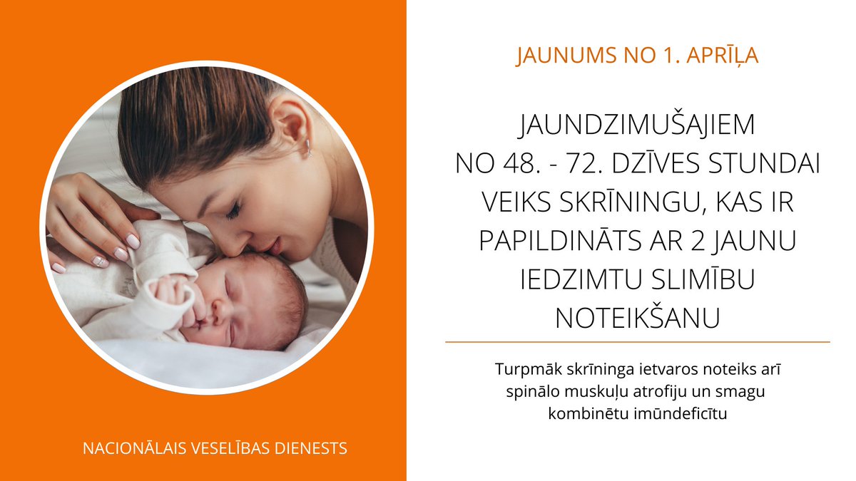 Paplašināts jaundzimušo skrīnings! 🤱 Līdz šim veikto profilaktisko pārbaužu saraksts papildināts ar pārbaudēm spinālo muskuļu atrofijas un smaga kombinēta imūndeficīta noteikšanai ⤵️