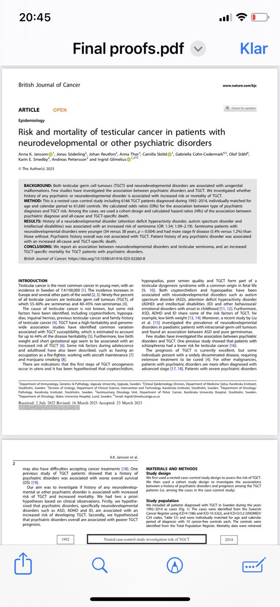 #Neurodevelopmental disorders #ADHD #ADD associated with relative risk #increase for #Testicular #cancer with 54%. Patients in median 4 yrs younger at dx and present with more stage IV. If psychiatric comorbidity higher mortality in testicular cancer doi.org/10.1038/s41416…