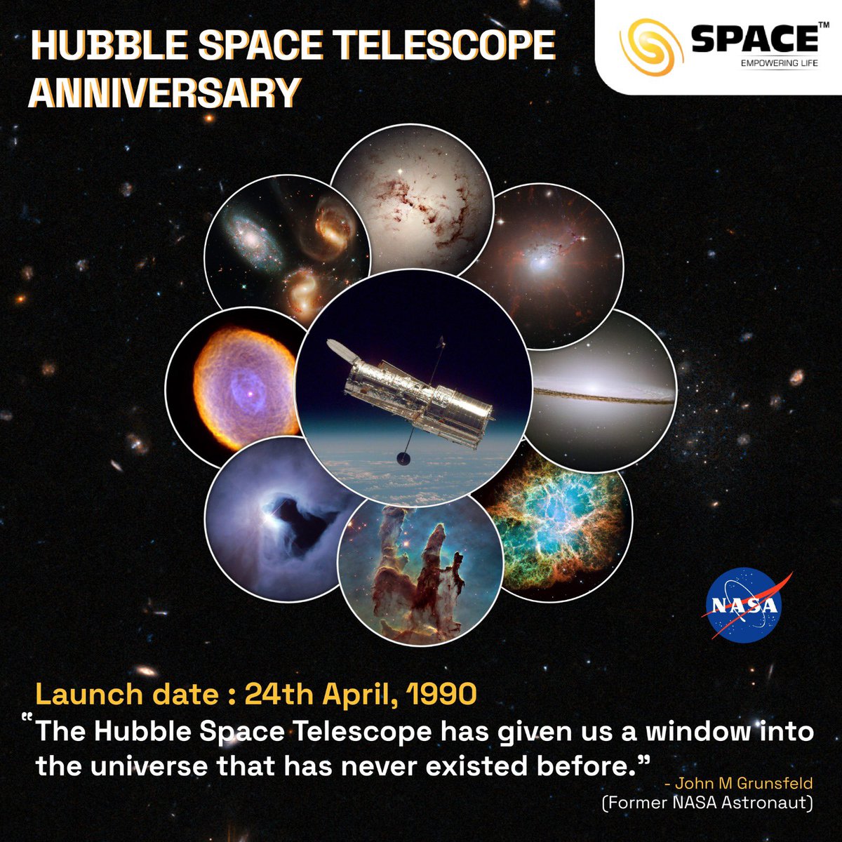 Spacian's tweet photo. On April 24, 1990, 📅 the course of history 📚 was changed with the launch 🚀 of the Hubble Space Telescope 🛰️.
#Hubble #HubbleSpace #HubbleSpaceTelescope #history #Telescope #NASA #ISRO #space #spaceindia #spacescience #astronomy #discovery #spaceexploration https://t.co/XWTHHqwFro
