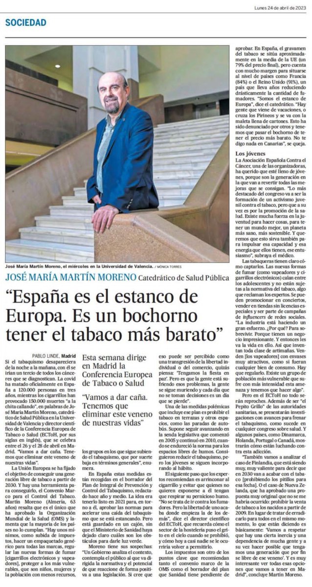 CNPT_E's tweet photo. 🗞️ Entrevista a @JMMartinMoreno, catedrático de Salud Pública y director de @ECToH, en @el_pais @Pablolinde. 
🗣️ España es el estanco de Europa. Es un bochorno tener el tabaco más barato. Vamos a dar caña. Tenemos que eliminar este veneno de nuestras vidas
#Ectoh2023 #EctohMadrid https://t.co/n29F0WMu21