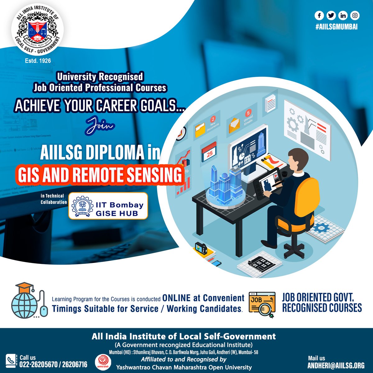 Attention #IT field aspirants... 
Get the Red Carpet Treatment in Industry with AIILSG Govt. recognised DIPLOMA IN #GIS AND REMOTE SENSING in technical collaboration with <a href="/iitbombay/">IIT Bombay</a>  GISE Hub! 
#Career helpline : 022-26205670 / 26206716
Mail andheri@aiilsg.org
#careerdevelopment