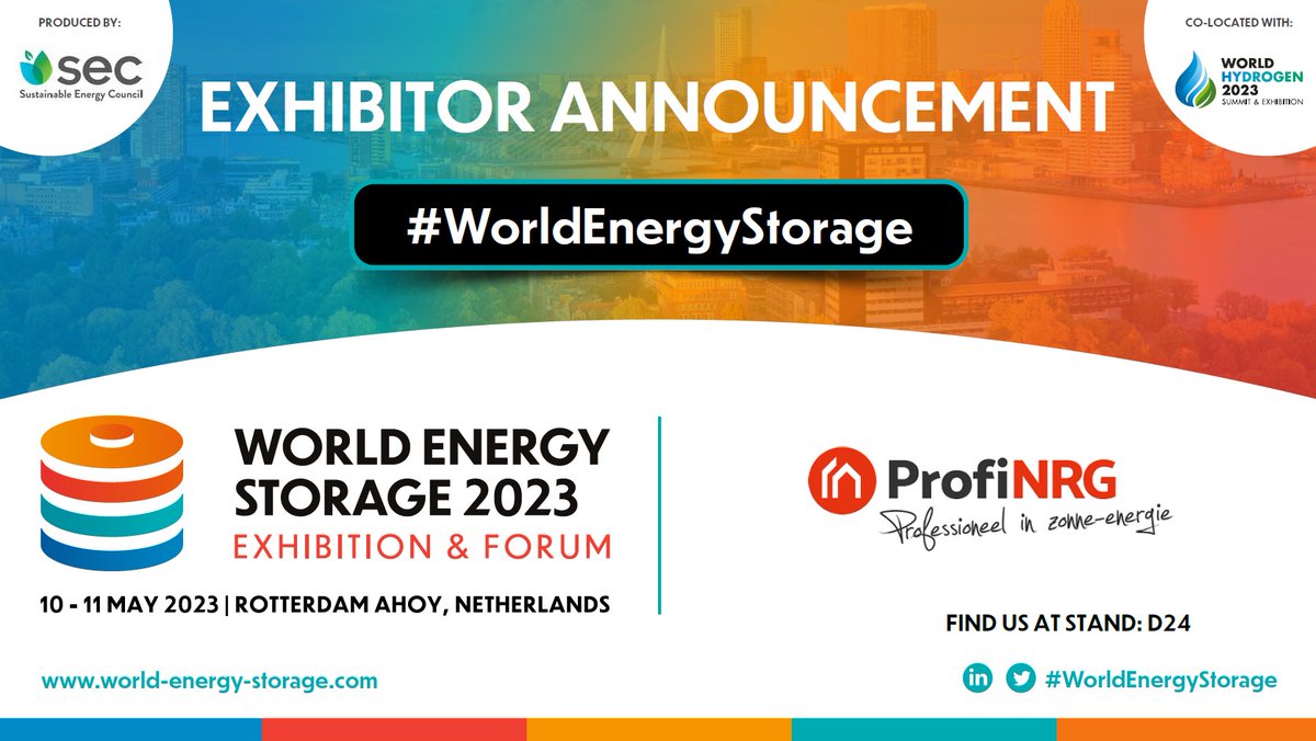 We are pleased to announce <a href="/PVpanelen/">ProfiNRG</a> as an Exhibitor at #WorldEnergyStorage. Meet them at Stand D24.      

✅Free Ticket: bit.ly/3YaMbQp 
📙Programme: bit.ly/3Iz1pch 
📌Stand: bit.ly/3ZrK7EB