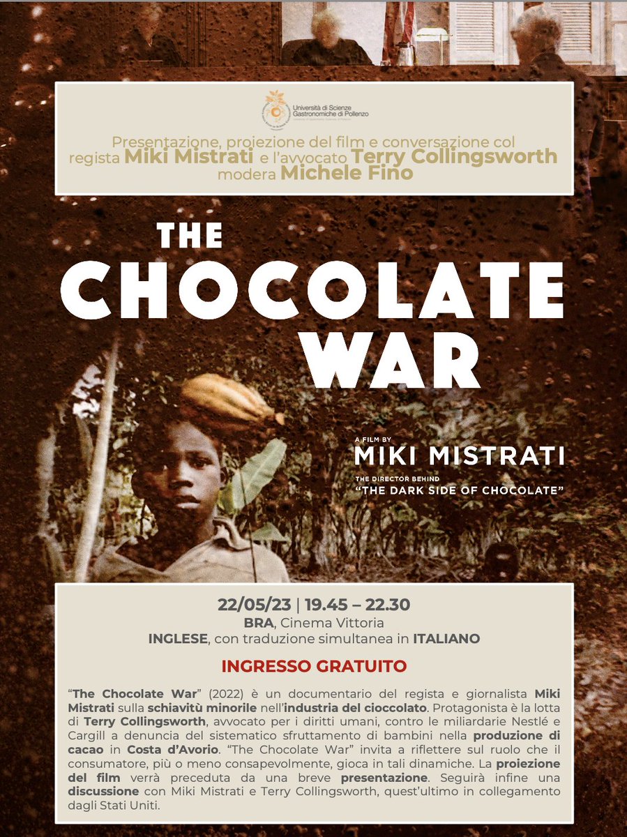 🎬 #CinemaPremiere: 'The Chocolate War' in Italy! 🇮🇹 Let's reflect on our role as consumers & join the post-screening convo with Miki & Terry. 🍫⚖️ #EndChildSlavery #EthicalChocolate