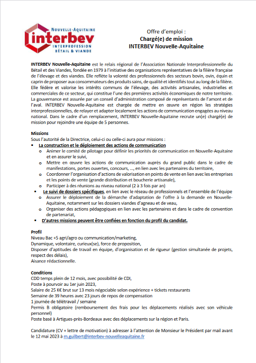 Interbevna's tweet photo. INTERBEV Nouvelle-Aquitaine #recrute un(e) chargé(e) de mission. L'offre complète est à retrouver sur le site de l' @apecita : https://t.co/Xqd4gp91UC https://t.co/4IkBCpsQiG