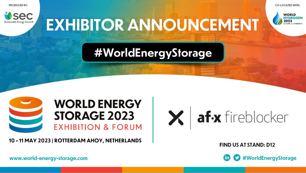 We are pleased to announce AF-X Fireblocker as an Exhibitor at #WorldEnergyStorage. Meet them at Stand D12.      

✅Free Ticket: bit.ly/3YaMbQp 
📙Programme: bit.ly/3Iz1pch 
📌Book Your Stand: bit.ly/3ZrK7EB