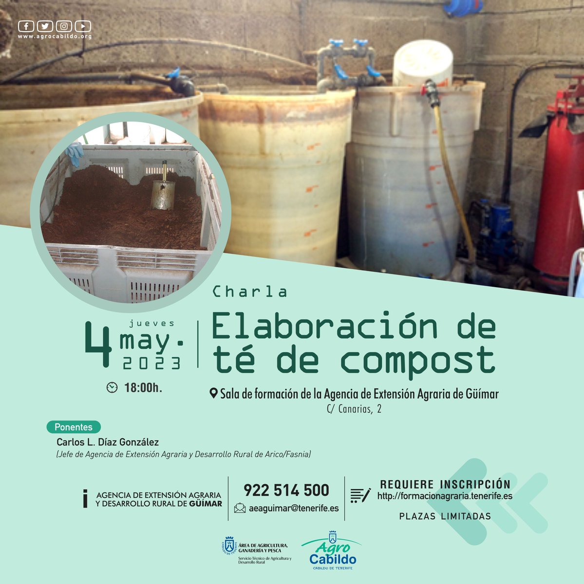 AgrocabildoTfe's tweet image. 🟢 NUEVA FECHA en Güímar ⤵️

📅 Jueves, 4 de mayo.
📌 Sala de formación de la Agencia de Extensión Agraria de Güímar.
🕠 A las 18:00h.

📲 Inscripción: bit.ly/41wC7DD

#ExtensiónAgraria #tédecompost #agriculturaecológica #agriculturaecológica @CabildoTenerife