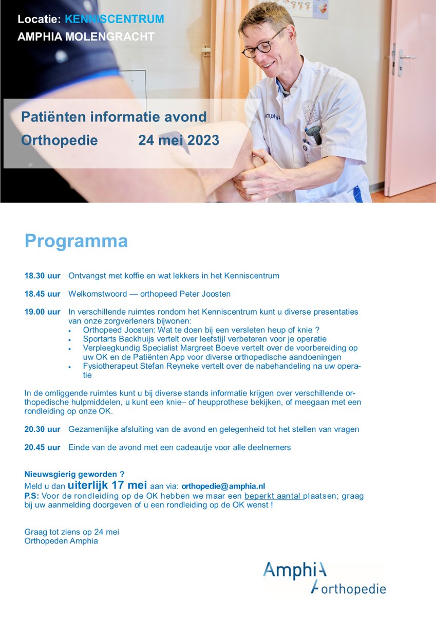 Komt u ook naar onze patiënten informatie avond op 24 mei ? #rondleidingOK #informatiemarkt #hulpmiddelen #orthopedie <a href="/gemeentebreda/">Breda</a> <a href="/AmphiaZKHuis/">Amphia Ziekenhuis</a>