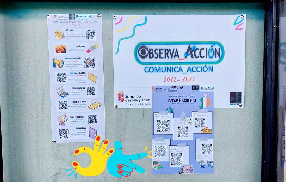 MaquinaHistoria's tweet image. 🆙️Ya tenemos en nuestro tablón #Observa_Acción los carteles para difundir el trabajo desarrollado este curso en #Comunica_Acción y #Digitaliza_Acción @carloseducacyl @IESTIERRA_CR @crfptic @CFPIdiomas