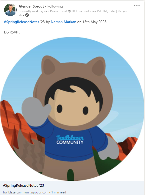 LovNaman's tweet image. Another event has been released, please do register here to learn more about the #SpringRelease '23

Thank you @jeet_singh20 for giving me this opportunity to be a speaker in @PalwalC on 13th May.

#TrailblazerCommunity @SalesforceAdmns @SalesforceDevs 
trailblazercommunitygroups.com/events/details…