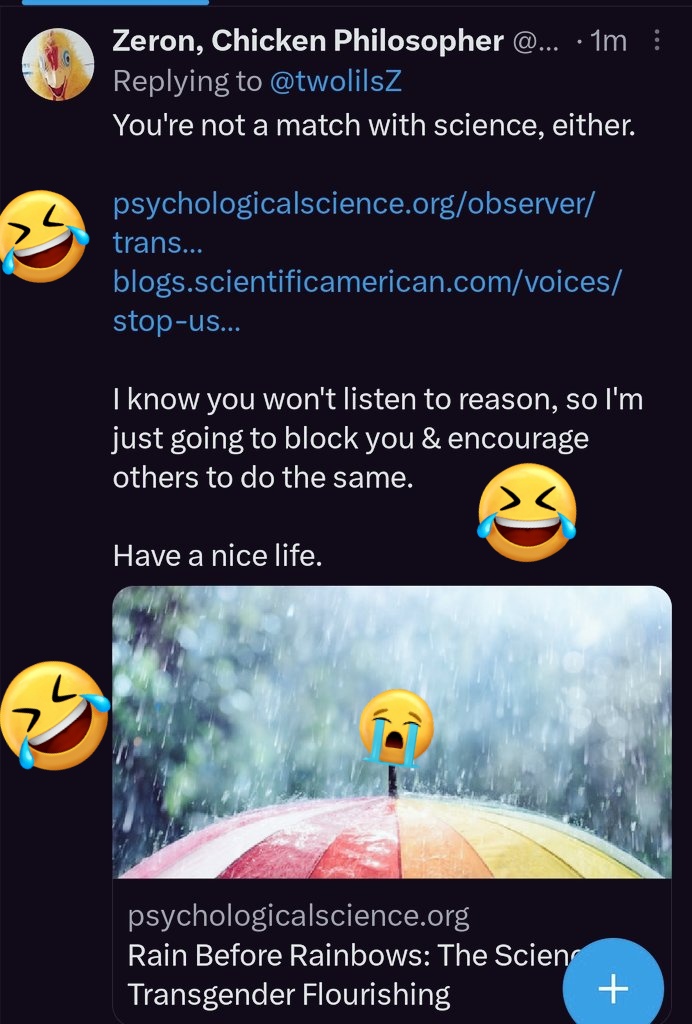 I pi$$ed this clown off by telling them I'm anti Q & anti T. They're hawking for moots, & allegedly fight the good fight. Well, they didn't take rejection well. HUGE feelings, tiny 🧠.  🤣🤣🤣

#TransCrimes