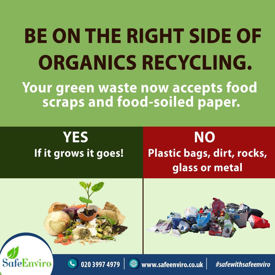 This means that yard waste, food waste and soiled paper can all go loosely into the green cart - unbagged and mixed together!

#safeenviro #safewithsafeenviro #foodwaste #wasteservices #organic #yardwaste #wastemanagement #tradewaste #recycle #environment