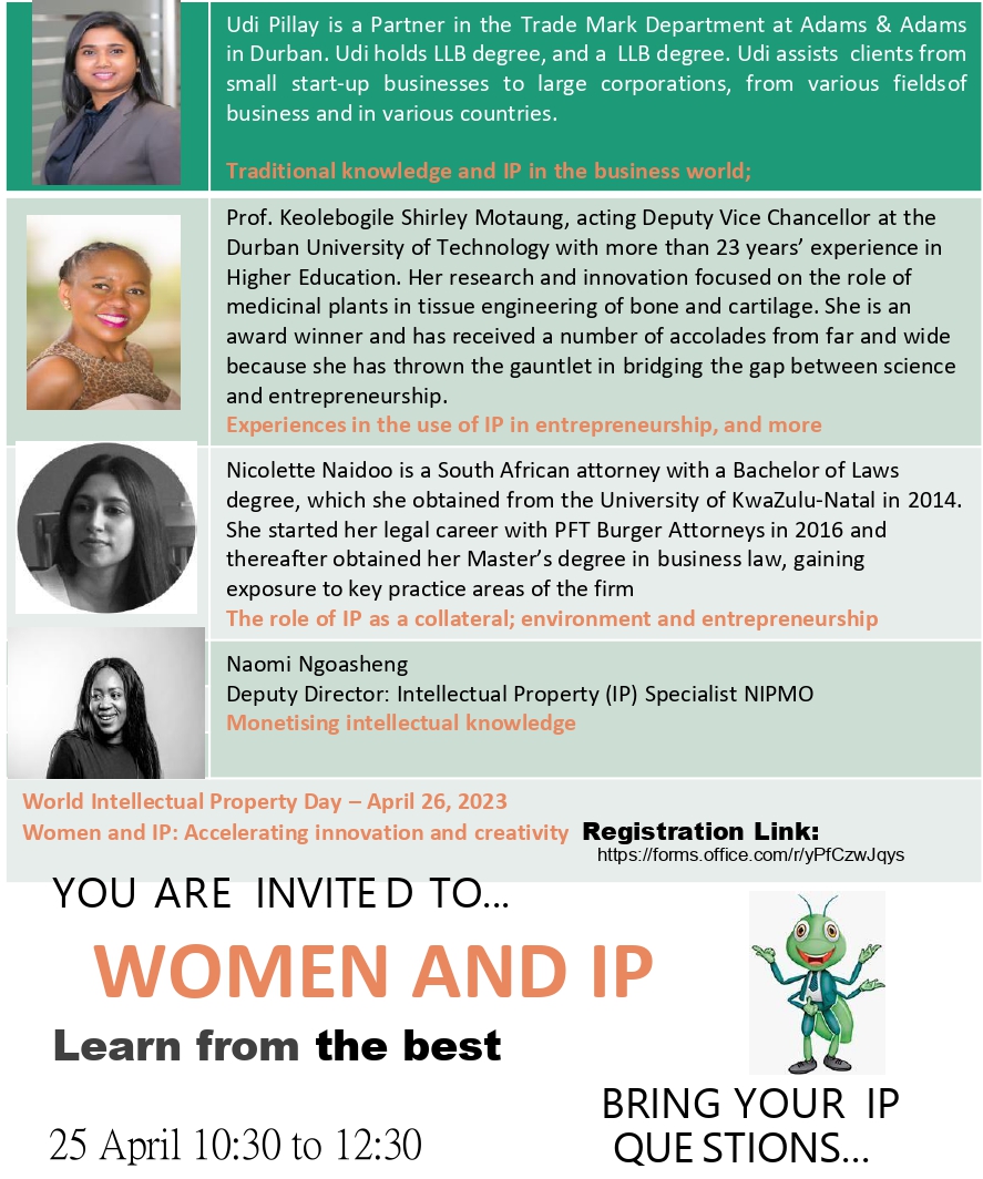 theCIPC's tweet photo. Join us for #WIPD2023! Learn from industry experts at our Women and IP webinar on April 25th from 10:30-12:30. Bring your IP questions and don't miss out! Register now: https://t.co/3zoj9mNOGG 
#WomenInIP #CIPC https://t.co/VX4rgObR4F