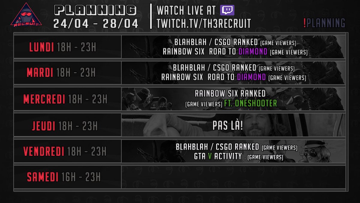 Th3_Recruit's tweet photo. BOOM 💥
Voici le planning de la semaine les recrues. 🫡
-----------------------------
#TwitchStreamers 
-----------------------------
>  https://t.co/Lp2wctboA3
-----------------------------
xoxo https://t.co/fHFvu5ikpG