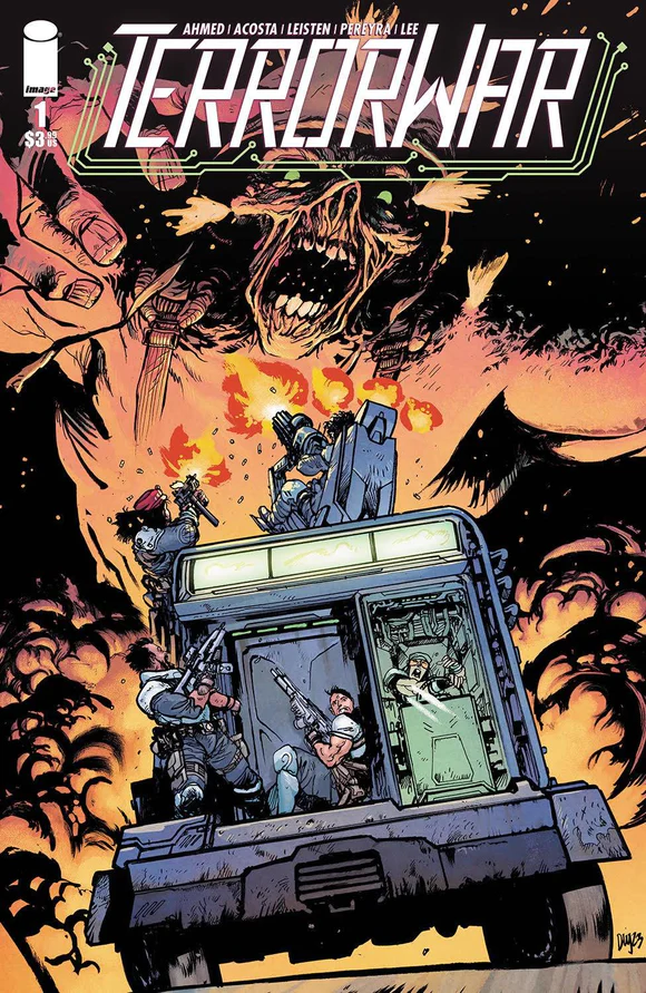 Blaxkleric's tweet photo. Variant Cover Of The Day - #Terrorwar No. 1 by @saladinahmed &amp; @ImageComics 😍

Art by @danielwarrenart &amp; @SpicerColor 

Had to pick up this action-packed cover. So dynamic with all the bullet flashes and the terrified looks on the fighters' faces. You can almost hear the chaos. https://t.co/8ETQLyXkEB