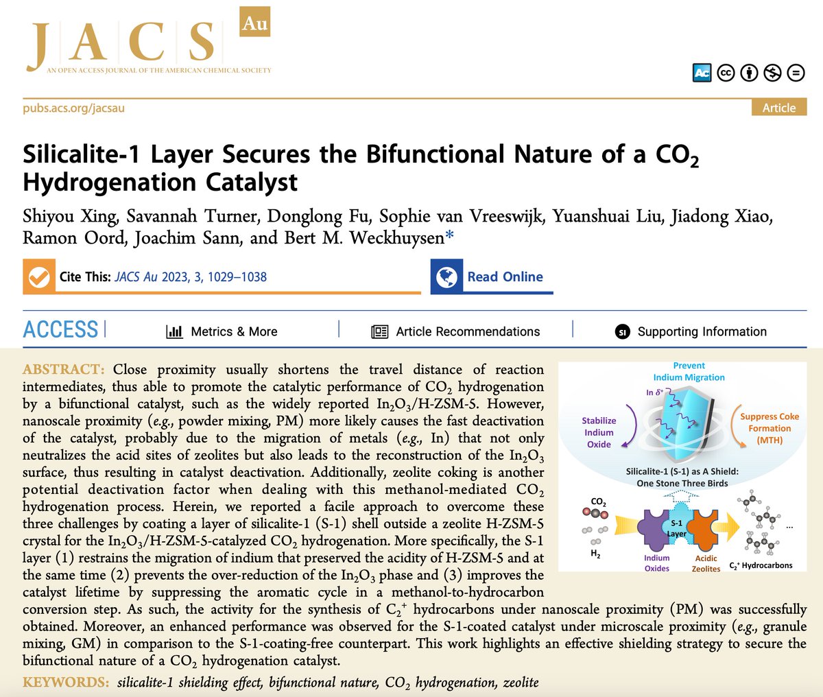 BertWeckhuysen (@bweckhuysen) on Twitter photo Our <a href="/JACS_Au/">JACS Au</a> paper reached the April issue cover
Silicalite-1 secures bifunctional nature of a CO2 hydrogenation In2O3/HZSM-5 catalyst: Layer 1) preserves acidity, 2) prevents over-reduction & 3) suppresses aromatic cycle.
info: pubs.acs.org/doi/10.1021/ja…
<a href="/jlugiessen/">Universität Gießen</a> <a href="/UniUtrecht/">Utrecht University</a> Our <a href="/JACS_Au/">JACS Au</a> paper reached the April issue cover
Silicalite-1 secures bifunctional nature of a CO2 hydrogenation In2O3/HZSM-5 catalyst: Layer 1) preserves acidity, 2) prevents over-reduction & 3) suppresses aromatic cycle.
info: pubs.acs.org/doi/10.1021/ja…
<a href="/jlugiessen/">Universität Gießen</a> <a href="/UniUtrecht/">Utrecht University</a>