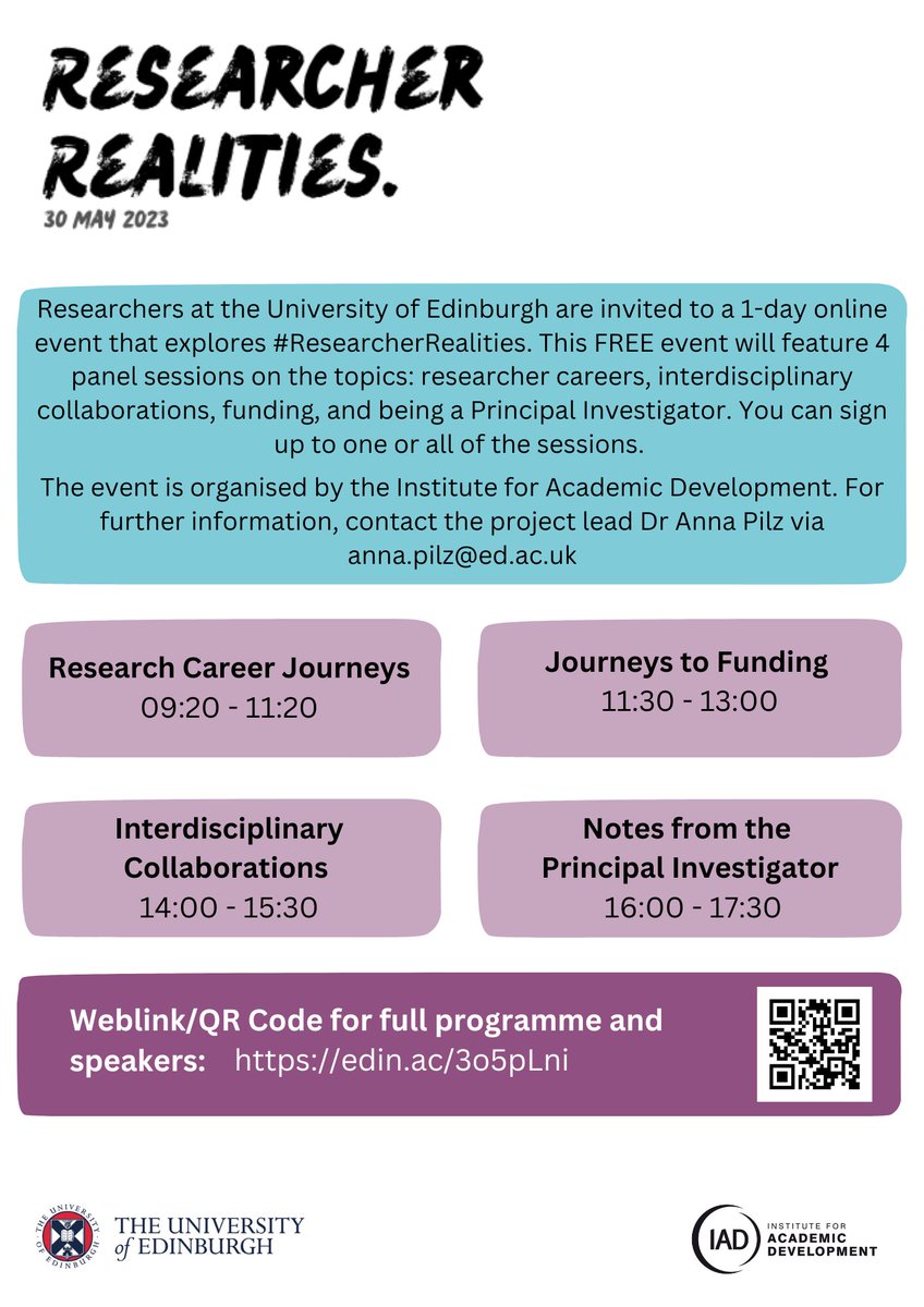 We’re inviting research staff @EdinburghUni to join us on 30 May for #ResearcherRealities an online event feat. 4 conversations on researcher careers, journeys to funding, interdisciplinary collaborations & being a PI edin.ac/3o5pLni @ResearchersAtEd @GrowingYourIdea