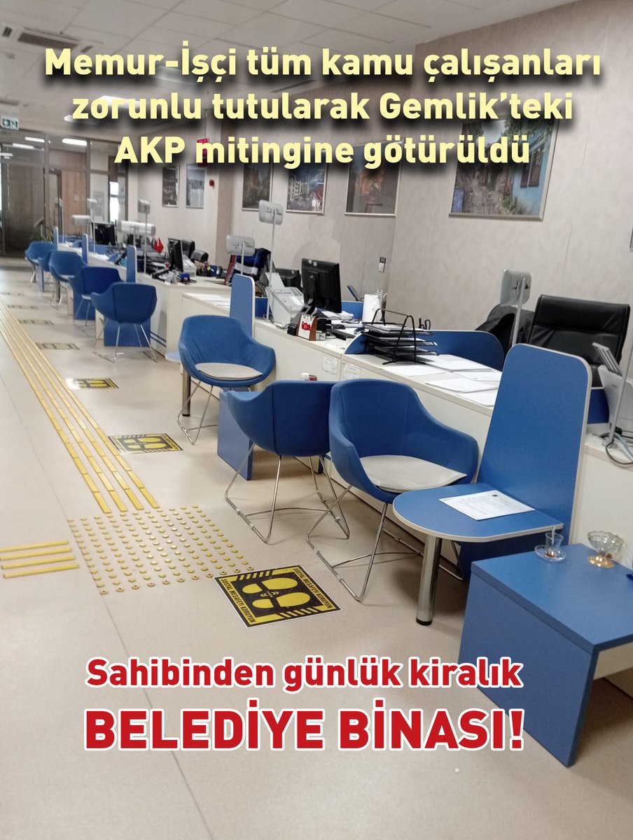 BURSA BÜYÜKŞEHİR BELEDİYESİ BOŞALDI
Memur-İşçi kamu çalışanlarının Gemlikteki AKP-Erdoğan mitingine katılımı zorunlu tutuldu. Çalışanlar otobüslere doldurulup mitinge taşındı. Bursa Büyükşehir Belediyesi ofisleri boş kaldı. Kamu çalışanları CHP iktidarında bu zulmü yaşamayacak.