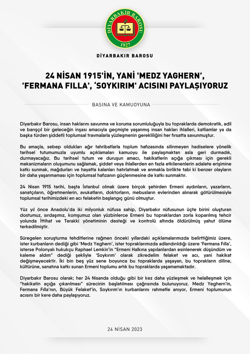 Diyarbakirbaro's tweet photo. 24 Nisan 1915’in, Yani 'Medz Yeghern', 'Fermana Fılla’, 'Soykırım' Acısını Paylaşıyoruz.

https://t.co/UknQD3ydag https://t.co/VU9grlo49J