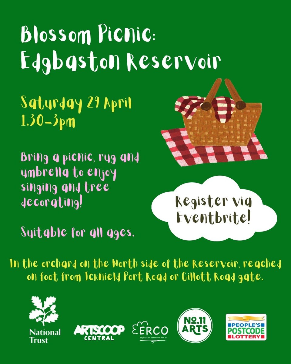 ERCOBham's tweet photo. THIS WEEK! 

Join us at Edgbaston Reservoir this week Saturday from 1.30-3pm for a Blossom Picnic! It's free! Suitable for all ages.

We will also be having another one of our Reservoir Conversations, sharing our thoughts about the Reservoir. 

Register: https://t.co/kMzQ0U0s7j https://t.co/k4Dj30JKcf