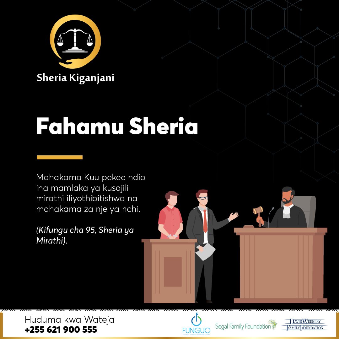 SheriaKiganjani's tweet photo. FAHAMU SHERIA ya Jumatatu hii inatoka kwenye Kifungu cha 95, Sheria za Mirathi kinachoelezea Kanuni ya Adhabu, inayoonesha nguvu ya mahakama kuu katika mirathi.
#sheriakiganjaniapp #sheriakiganjani #legaltech #legalgurus #fahamusheria #sheriayamirathi #mirathi #mahakama https://t.co/E1N55Erz55