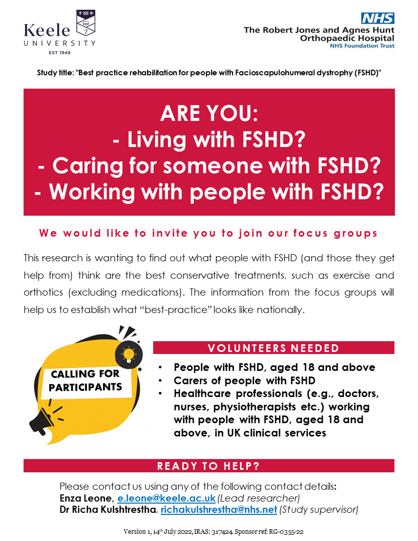 Enza Leone (@leone_enza) on Twitter photo - Are you living with FSHD?
- Are you caring for someone living with FSHD?
- Are you working with people with FSHD?
We are holding focus groups to establish what best conservative treatments for FSHD consist of and we need your views! Please get in touch: e.leone@keele.ac.uk - Are you living with FSHD?
- Are you caring for someone living with FSHD?
- Are you working with people with FSHD?
We are holding focus groups to establish what best conservative treatments for FSHD consist of and we need your views! Please get in touch: e.leone@keele.ac.uk