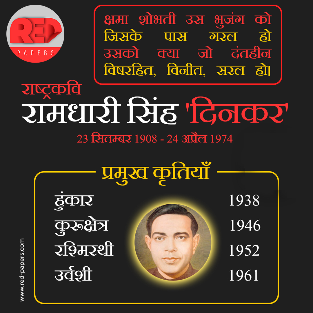 redpapersblog's tweet photo. 'सच' को कविता में पिरोने वाले 'राष्ट्रकवि' रामधारी सिंह दिनकर की आज पुण्यतिथि है. 24 अप्रैल, 1974 को रामधारी सिंह दिनकर का निधन हुआ था.
.
कह दो उनसे झुके अगर तो जग मे यश पाएंगे
अड़े रहे अगर तो ऐरावत पत्तों से बह जाऐंगे
.
#dinkar #ramdharisinghdinkar #hindi #redpapers #hindipoetry https://t.co/EjuT83HamZ