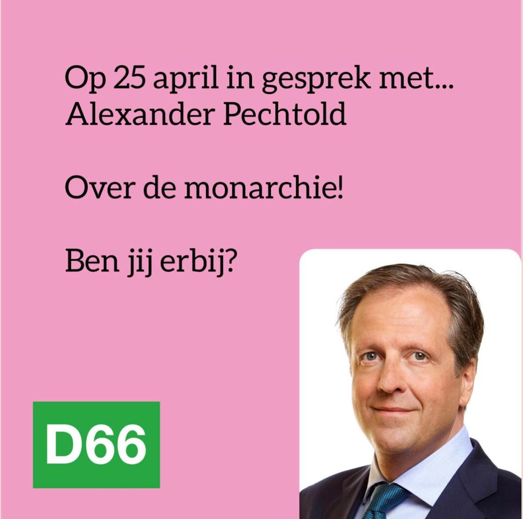 Aanstaande dinsdag ben ik in #Utrecht te gast om het gesprek over de monarchie met <a href="/APechtold/">Alexander Pechtold</a> te leiden. Dit na aanleiding van zijn uitspraken over Willem de Laatste. 

Ben jij er ook bij? Het event begint om 20:00 bij buurtcentrum de Oase. 

<a href="/D66Utrecht/">D66 Utrecht</a>
<a href="/D66Veenendaal/">D66 Veenendaal</a> 
<a href="/D66/">D66</a>
