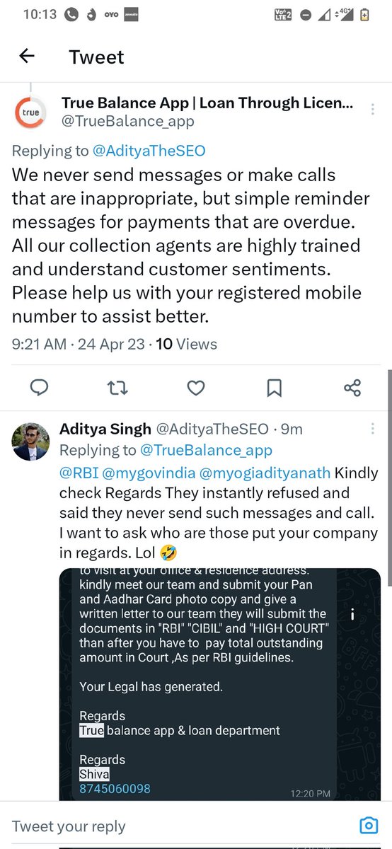 AdityaTheSEO's tweet photo. You told you never send inappropriate messages but simple reminder @RBI @myogiadityanath kindly ask them if they are doing it unethically why someone would like to go police station for complaining. https://t.co/35D2Uzx4fb
