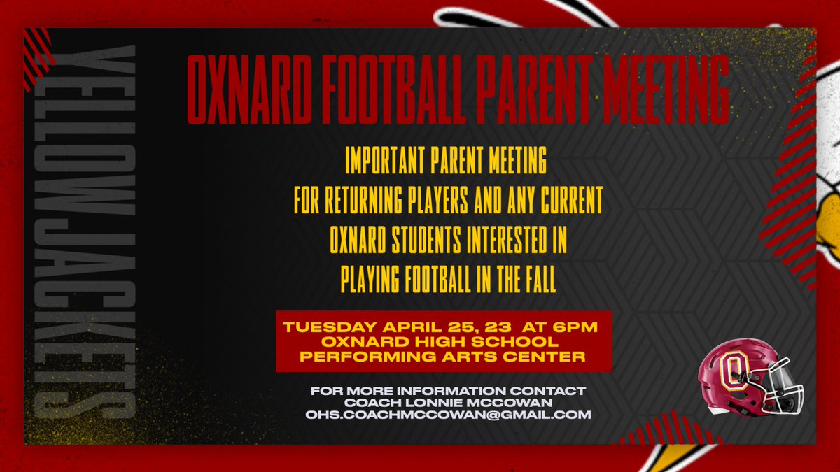 Oxnard Athletics (@oxnardathletics) on Twitter photo 🚨Parent Meeting
🗣️Oxnard Football
📅April 25, 23
⏰ 6PM
🏫OHS PAC
Important parent meeting for RETURNING PLAYERS & CURRENT OHS STUDENTS interested in playing football this fall
For more Info contact
Coach McCowan
ohs.coachmccowan@gmail.com
<a href="/MccowanLonnie/">Coach Lonnie McCowan</a>
<a href="/ohs_jackets/">Oxnard High School</a> 🚨Parent Meeting
🗣️Oxnard Football
📅April 25, 23
⏰ 6PM
🏫OHS PAC
Important parent meeting for RETURNING PLAYERS & CURRENT OHS STUDENTS interested in playing football this fall
For more Info contact
Coach McCowan
ohs.coachmccowan@gmail.com
<a href="/MccowanLonnie/">Coach Lonnie McCowan</a>
<a href="/ohs_jackets/">Oxnard High School</a>