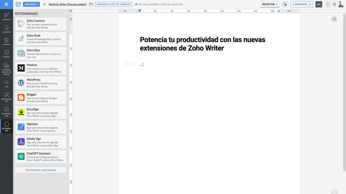 OscarSeuba's tweet photo. Zoho Writer acaba de lanzar una extensión que incluye ChatGPT: podrás recibir sugerencias de vocabulario, gramática, estilo y contenido. Mejorarás la calidad de tu contenido y tu productividad... Lee más en #DigitalMastermindZ by Oscar Seuba ➡️ https://t.co/SHOJy4gQFi https://t.co/y4eFtWyLaF