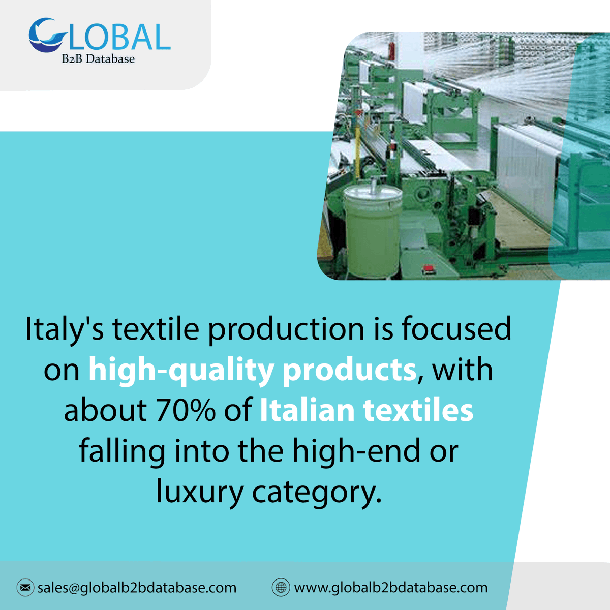 DatabaseB2b's tweet image. Italy textiles industry database
For more information,globalb2bdatabase.com  or contact us at sales@globalb2bdatabase.com
#textileindustry #Craftsmanship #consumerbehavior #consumergoods #database