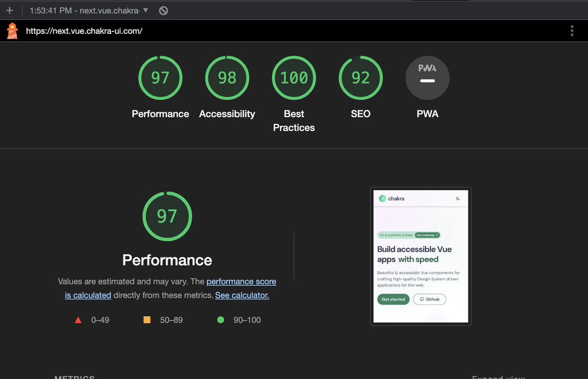 codebender828's tweet image. Proud of the team working on @chakraui_vue for working relentlessly to improve the DX and perf around  @vuejs 3 rewrite. Been chipping away at this for a long time.

We decided to skip V1 and go straight to V2 after we did work on @zag_js.

Behold, gains! 🔥 powered by @nuxt_js 3