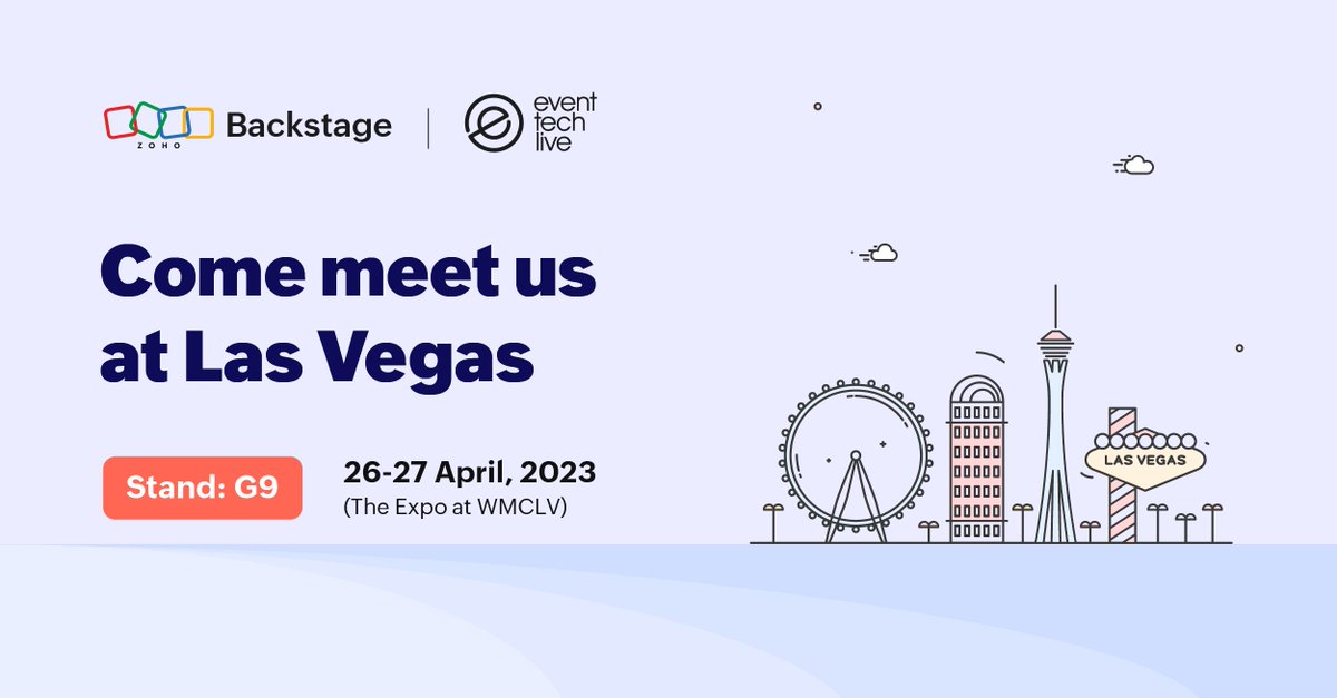 ZohoBackstage's tweet photo. Attending Event Tech Live? Be sure to swing by Stand G9 to see Zoho Backstage in action. We're ready to answer all your questions on how to make your event a resounding success.
Can't wait to see you in Vegas!
#EventTechLive2023 https://t.co/NkJo6i6aw6