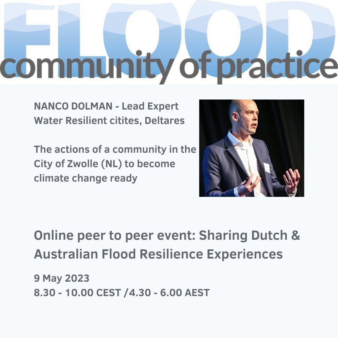 Flood_CoP's tweet image. My pleasure to invite you to a #AusNed OnLine topic on &quot;How does a Dutch or Australian community know it is safe to live on a floodplain&quot;  Guests @NancoDolman and #MikeFoster will help getting the discussion going.  Plus your thought too please  Register   events.humanitix.com/sharing-dutch-…