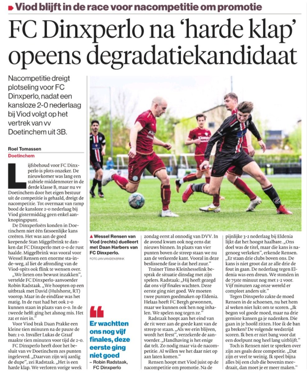 FC Dinxperlo na 'harde klap' opeens degradatiekandidaat. Viod-spits Wessel Rensen snakt naar een doelpunt.