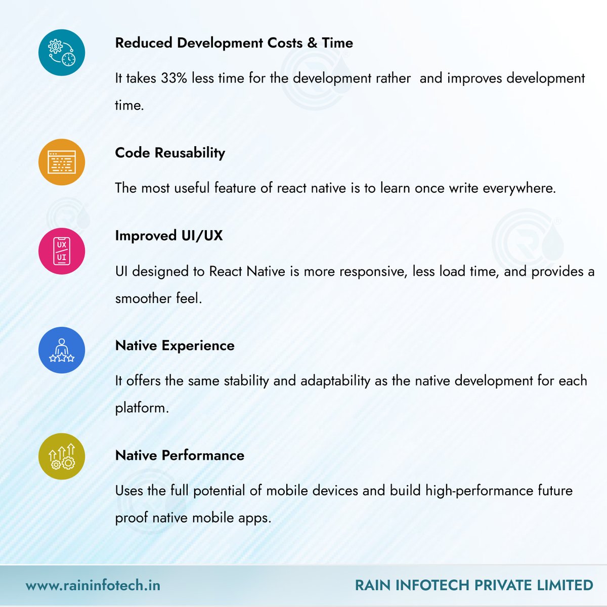 raininfotech's tweet image. React Native apps lower your development and maintenance costs because you don't have to deal with two separate codebases for iOS and Android. mply a wrapper for native components.
#raininfotech #reactnative #reactnativedevelopment #appdevelopment
#mobileappdevelopment