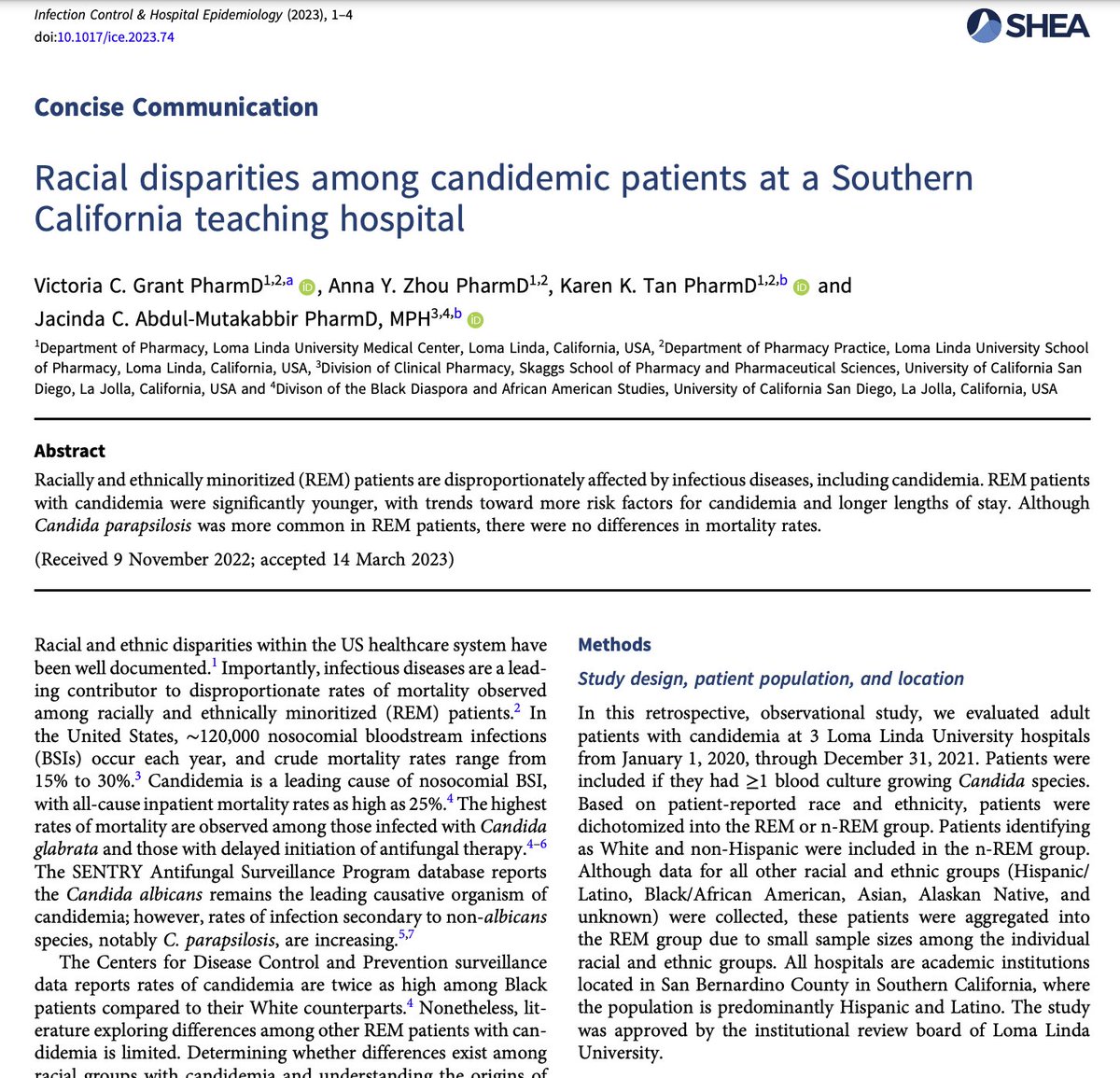 Just published in @ICHEJournal ! Racial disparities among candidemic patients at a Southern California teaching hospital cup.org/41zIiqA . @toripenem @karenktan @Annabiotics @UCSDSkaggsSOP