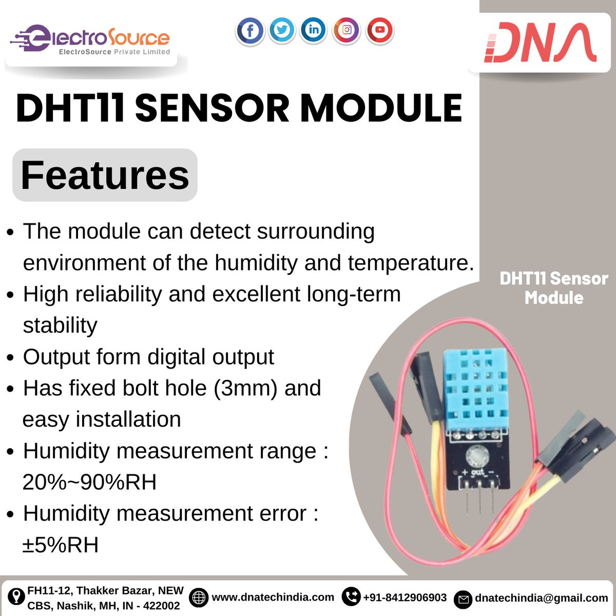 dnatechindia's tweet image. DHT11 Sensor Module
#sensormodule #module #surrounding #environment #humidity #temperature #highreliability #excellent #longterm #output #digitaloutput #hole #easyinstallation #humidity #measurement #range #electronics #electroniccomponents #nashikkar