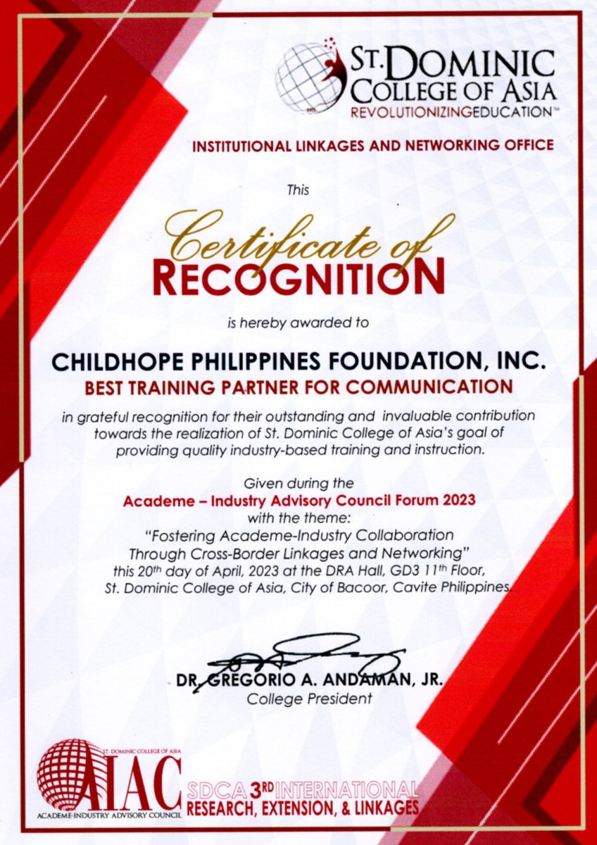 ChildhopePH's tweet photo. Thank you St. Dominic College of Asia for recognizing Childhope Philippines as Best Training Partner for Communication! We're honored and grateful for this prestigious award. Looking forward to continuing our partnership in making a positive impact in children's lives. https://t.co/6oK9zlZUHY