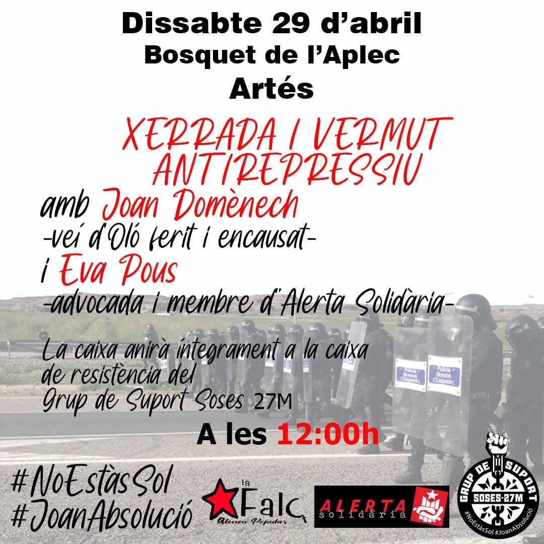 CDRCatOficial: RT <a href="/CDRepublicaVic/">CDR Vic</a>: ⚠️ #Moianès. #AltTer. #Bages. #JoanNoEstasSol

Ens FEM RESSO de la Xerrada i VERMUT ANTIREPRESSIU amb el company de Santa Maria d'Oló #Joanabsolució, i que es farà aquest DISSABTE 29 d'abril al Bosquet de l'Aplec #ARTÉS…