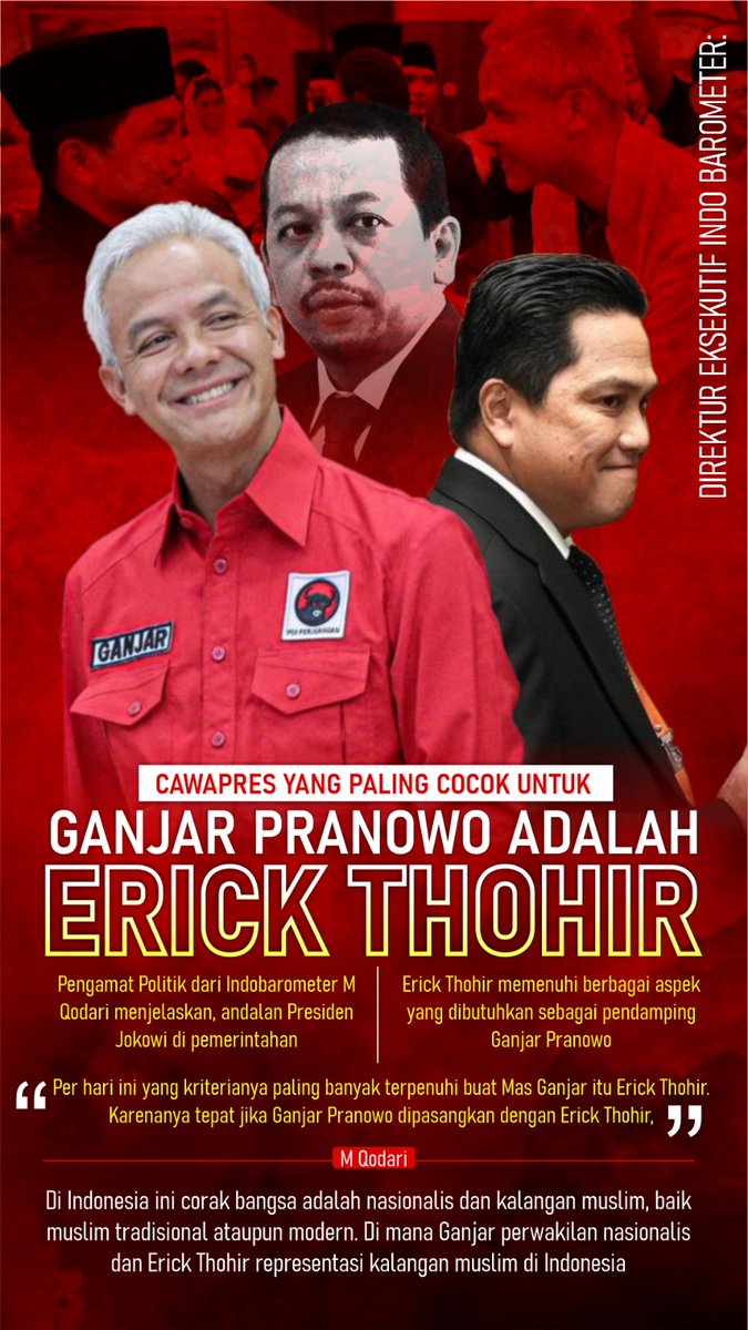 CakCaping's tweet photo. Per hari ini yang kriterianya paling banyak terpenuhi buat Mas Ganjar itu Erick Thohir. Karenanya tepat jika Ganjar Pranowo dipasangkan dengan Erick Thohir,
M Qodari Pengamat Politik dari Indobarometer.
#GanjarErickDuetTerbaik https://t.co/bmTKTu6gBS