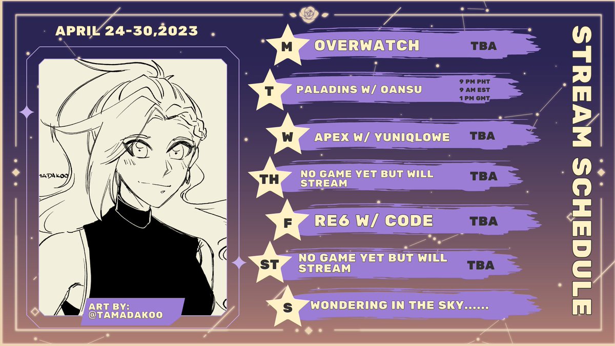 maze_vt's tweet photo. [Stream Schedule]
APRIL 24-30,2023

LIVE: #mazelive
Art Tag: #artMAZEng

https://t.co/EbHymPsalN
#ENVtuber #VtubersUprising #PHVtuber #twitchstreamer #VtubersEN https://t.co/DtQ5ZNNX5H