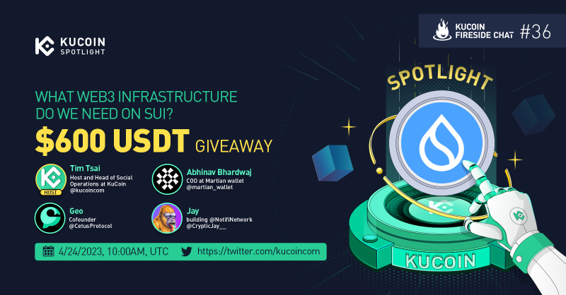 kucoincom's tweet photo. It is now the final episode of the Spotlight Fireside Chat Series! Join @martian_wallet, @CetusProtocol &amp; @CrypticJay__ on discussing web3 infrastructure on SUI.

🎁$600 Giveaway

1) Follow @kucoincom &amp; all projects
2) Like, RT &amp; tag 2 friends
3) Join the space

Set a reminder✅